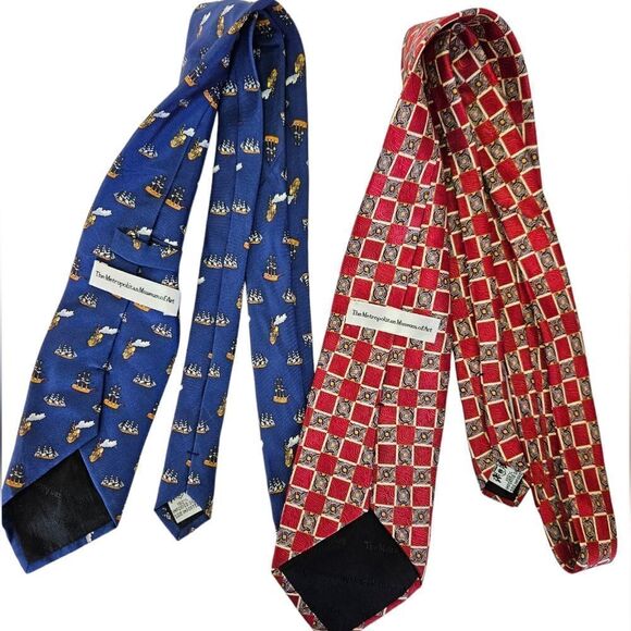 Set of 2 Vintage Metropolitan Museum of Art 100% Silk Neckties Nautical Boat Tie - Picture 2 of 8